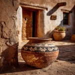 **ancient New Mexico pottery olla with stylized lizard procession band (gecko-like silhouettes, non-sacred, geometric, thin-line), black-on-white, weathered matte slip, small chips; near a tan adobe doorway with wooden lintel, soft late sun, watercolor granulation, in the style of E. H. Shepard, 1910 respectful, non-sacred motifs, not a museum label --ar 4:5 --stylize 300 --chaos 4 --no glossy glaze, no text, no logos --raw** - Image #4 <@1081749564803010630>