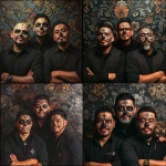**<https://s.mj.run/jlA8OWIgGrs> hyperrealistic style portrait of these 3 latino men with vibrant Day of the Dead skull makeup. they are centered in the frame, with a happy expression, they are wearing all black, the ornate Day of the Dead skull makeup is meticulously rendered, with bold shapes and patterns creating a complex design on his face. The colors are bold but muted, with warm tones. The lighting is dramatic, highlighting the details of the makeup and the textures of his clothingr. fill the background with stylized floral dia de muertos patterns in winter holiday colors; the backdrop suggests an intricate floral composition with a nod to winter holiday and romantic dreamy ambiance,** - <@1143304456855888003> (fast)