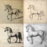 **charcoal line drawing with perspective lines by Leonardo da Vinci of an ultraviolet unicorn ukiyo-e --v 6.1** - <@1059292469474373672> (fast, stealth)