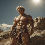 **Realistic 3d rendering. Full body portrait of ruggedly handsome, Hyper muscular handsome elf, bright silver eyes, short curly blonde hair, short pointed ears, defined muscles, pronounced features, hyper muscular, wide Grecian nose, strong square jaw, defined cheek bones, masculine features, freckles. Bodybuilder. wearing a tight short leather skirt. His oiled skin glistens under intense studio lighting. A strong camera flash highlights the shine on his muscles, creating bright reflections on his body, arms, and thighs. Retro fitness photography style, slightly exaggerated lighting contrast, 90s magazine aesthetic, center-framed, studio portrait shot. Standing and posing in a sunny rocky field. --ar 5:6 --v 7.0** - Image #4 <@1222981214734913607>