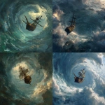 **a flying pirate ship diving through the air, dropping towards a whirlpool oceaen vortex, wild storm, fantasy art** - <@758604467146588180> (fast)