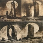 **an huge, divine megalithic stone structure in a circle, reaching toward the sky, divine light, monochrome, burnt sienna, damaged Anthotype print, scratched, dynamic movement --ar 3:4 --v 6.0 --s 250** - <@1089203343378878556> (fast)