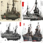 **a dnd style concept art with Ashley Wood details of two feudal japan wooden and old iron nuclear powered destroyer boats, Japan Taisho era armada, have different number in the hull, same size but not identical, dark industrial scifi style, labeled as fleet's best boats, black-white color with sand accents and small hi-viz lime and red hazard markings, mechanical details, Japanese characters graffiti on the hulls, realistic look, moody atmosphere, a little bit foggy, signal towers, various size nobori, various size lanterns, robotic-mechanical arms, have japanese anime mural on the hulls, signal cabbles, on a white background in the style of Studio Ghibli and Makoto Shinkai, cel-shaded, full-body, cartoon, 2D game art --ar 11:5** - <@1043498067623686144> (fast)