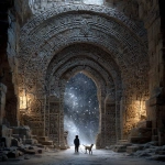 **Ancient sidereal temple doorway, close-up view, massive stone arch carved with runes and precise stellar laws, stone carvings functioning as cosmic seals, a perfectly still starfield framed within the doorway, no glow, no motion, cold starlight illuminating weathered stone. In the foreground, a small curious child standing barefoot at the threshold, holding the leash of a puppy tugging forward, both gazing into the stars, scale emphasizing vastness, mythic realism, quiet awe, ancient cosmic boundary --stylize 350 --v 7.0 --p l3au7go** - Image #1 <@639231094968942592>