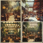 **Vintage Polaroid in the style of slim Aarons, but the decor and dress, of 2025. The interior of a clean modern liquor distillery with a lounge bar in Los Angeles with people casually dressed are sitting on benches, lit by skylights, and side windows, with palm trees overhead, drinking whiskey having fun dancing. Behind them is gigantic beautiful whiskey distillery. Nostalgia in the style of Provia. --ar 128:93 --v 6.1** - <@1090364262091866152> (fast)