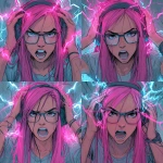 **an angry pink haired girl wearing librarian glasses. She has long straight hair and freckles. She is screaming in frustration pulling her hair with her hands. Neon pink and blue lights. Cyberpunk theme.** - Variations (Strong) by <@233729446534709248> (67%) (fast)** - Variations (Strong) by <@233729446534709248> (fast)