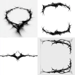**A thin, sharp dark fashion border**, pure black line art on white. The frame is like a piece of abstract jewelry: a single, continuous razor-thin black line that twists into a subtle thorn motif at the corners and midpoints. It suggests a crown of thorns or a shattered crystal, but is extremely minimal. 98% of the card is clean, empty, usable white space. Graphic, vector, high-fashion graphic tee design, avant-garde. --no fill, no shading, no thickness, no center detail --stylize 150 --ar 2:3 --p tk2q1nv --raw** - <@1283386492076687404> (fast)