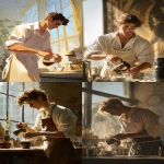 **a young man inspired by Ganymede, working as a barista in a modern café, gently pouring coffee into a cup for a customer, wearing an open white shirt and a loosely tied apron, fit and graceful build, warm morning sunlight streaming through large windows, soft golden highlights on his face and arms, classical Greek design motifs subtly integrated into the café interior, cinematic and dreamy atmosphere, --ar 2:3** - <@358254535862648853> (fast)
