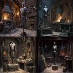 **a suit of platemail armor on a stand in a blacksmith shop with a forge and ore, D&D art --ar 5:3** - <@632328592499539989> (fast)