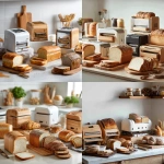 **A variety of bread slicers displayed on a clean kitchen countertop, including wooden, electric, and manual slicers, surrounded by sliced loaves of bread (white, whole grain, sourdough), soft natural** - <@1289684291994779678> (fast)