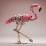 **a 3d rendered image of an industrial-style flamingo robots with a glass chest head and african flag colour scheme metallic metal, an ultra-detailed illustration in the style of Atey Ghailan and Jacek Yerka, ultra-high resolution, in a dynamic pose, 4k --ar 13:20** - Image #1 <@1087506013407695028>
