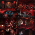 **Surrealism 1986 luxury recording music lounge, red colors rich colors, luxury, hd quality , vinyl showing, low lighting, 1 conversation pit, tall abstract speakers, vinyl records , bar lounge included , high quality, clear record shaped table** - <@951239260281913364> (fast)