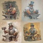 **a D&D style illistration of a merry and happy, but very muscled dwarf blacksmith/gunsmith stood next to an anvil in his workshop, he should have a full greying beard, and a cheeky smile and should look like he is from a fantasy renaissance/steam punk age. He should be wearing a very nice but slightly worn grey top hat, and carrying a large warhammer in one hand. Around his feat and the workshop should be children playing, these children should be of different dnd fantasy races and should all look happy. The image should be in a renaissance style using oil and watercolours.** - <@545090802750324757> (fast)