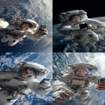 **The photo should be hyperrealistic but with distorted proportions. The framing should distort the proportions, prioritizing the head and shrinking the legs and feet. A 40-year-old female astronaut is on a spacewalk, having fun, smiling, and wearing a transparent helmet. In the background is planet Earth. She is holding a smartphone in her right hand and looking at the screen. Focus on the arm and the phone in the foreground. Use of a wide-angle lens. Natural light, surreal photo, crazy proportions. --ar 9:16** - <@1310560084346146826> (relaxed)