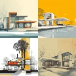 **A styalized graphic representation of modern attributes of Open floor plans eliminating unnecessary walls Large windows connecting inside/outside Flat roofs and clean geometric forms Industrial materials: steel, concrete, glass Minimal ornamentation Standardized, repeatable solutions. --ar 4:3** - <@794327127260266516> (fast)