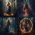 **A mythical fox made of fire, a halo of electricity floating above head, fireflies flying around background, inside of a mystical misty forest, embers in foreground, cinematic, bokeh effect, abstract, foxfire --ar 5:4 --profile ik3c1lh --v 6.1** - <@737838707222118501> (relaxed)