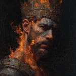 **A wide, front-facing oil painting portrait of a king wearing an awe-inspiring, intricately detailed welding crown adorned with ancient symbols and shimmering jewels that seem to pulse with inner fire. His full face, chest, and upper torso are visible. The left side of his face and shoulder are consumed by vivid, almost supernatural flames ethereal and alive casting dynamic, flickering light that dances wildly across his skin and armor. The flames subtly form ghostly shapes of angels and souls rising, blending spiritual mysticism with raw elemental power. A bold, cracked ash cross, textured like burnt wood and glowing faintly with silver embers, is emblazoned on his forehead a stark symbol of humility, mortality, and divine purification. His expression is calm yet fervent, eyes burning with inner fire and transcendent wisdom, embodying spiritual strength, sacrifice, and rebirth. The dark, textured background pulses with smoky shadows and faint celestial constellations, as if the universe itself watches this sacred moment. Rendered in rich, detailed soft oil brush strokes that give the skin a warm glow, the flames a mesmerizing flow, and the crown a regal grandeur blending hyperrealism with a visionary, almost mystical atmosphere full of emotional intensity and symbolic depth. --v 7.0** - Upscaled by <@1097374443979935885> (fast)
-# Create, explore, and organize on [midjourney.com](<https://midjourney.com/imagine?from_discord=1>)
