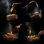 **a black person's hand holding the side handle of a fish frier basket tossing freshly fried fish in the air from the fryer basket. Against a black background.** - <@817880507983069194> (fast)