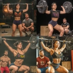 **a photo of an asian woman in her thirties doing an overhead squat wearing a black shirt with butterfly dream motif and blue shorts at the gym. She is wearing glasses, and there are some boxes on the ground, weight plates around her, and another person next to her observing how she performs the exercise. the setting is a dark room with a concrete floor and a barbell in the background. She looks focused while lifting heavy weights overhead. the image captures a moment during a crossfit training session. --p pu1nj44** - <@538878031226470440> (relaxed)