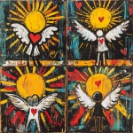 **Music graphic design block print with crayon / brushstrokes. Depicting an image of angel love, sun shining down. The overall style is very abstract and minimalist tribal with a lot of energy --v 6.1** - Variations (Strong) by <@886913816171008040> (fast)