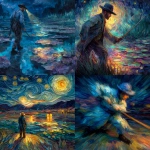 **A dynamic wide-angle scene captures Vincent van Gogh's figure painted in thick, swirling cobalt brushstrokes and heavy impasto textures, clashing sabers with Claude Monet's translucent impressionist form glowing with soft pastel hues, their collision sending prismatic light bursts across a surreal landscape where Van Gogh's starry night sky fractures into Monet's reflective water lily ponds, surrounded by fragmented brushstroke terrain under dramatic chiaroscuro lighting that merges both artists' signature styles into one electrifying artistic duel. --s 250** - <@908623560245911562> (fast)
-# Create, explore, and organize on [midjourney.com](<https://midjourney.com/imagine?from_discord=1>)