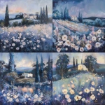 **An ethereal vineyard landscape at twilight sapphire blue sky fading into lavender haze, with a villa glowing softly in the distance. Trees overlap the scene, while expressive painterly flowers bloom in the foreground, their petals sweeping across the composition in blush and creamy whites. A whisper of golden-orange glows in flower centers. Creamy blurred edges in distant blooms, crisp edges on selected petals. Resting space created in calm reflective water. Strong value structure ensures clarity in black and white, painterly brushstrokes alive with movement. --v 6.0** - <@1110395229338615829> (fast)