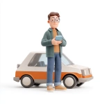 **A middle-aged man holds a phone in his hands with a satisfied expression, a blue, white, orange, beige, and gray car 3d icon animation style** - Image #3 <@724650895828189215>