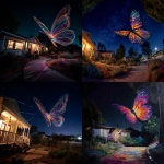 **POV facing the front yard of a home in the pitch black night, large colorful sparkly butterfly is spiraling upward in flight on the right of the viewpoint** - <@617438927111979019> (fast)