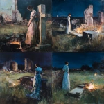 **The painting of a woman standing in a long dress at night in a meadow with church ruins, leaning against a tombstone with a cross, surrounded by broken walls, a burning old piece of furniture, as if moving, was painted by Jenny Saville.** - <@1106776019475636345> (fast)