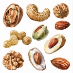 **watercolor illustration of assorted nuts cashew, hazelnut, peanut, pistachio, walnut, almond, and forest nut detailed, soft natural colors, realistic botanical style, isolated on white background, high quality, clipart set, gentle shadows, cohesive composition, hand-painted watercolor style --v 6.0 --ar 1:1** - Image #4 <@1340003748419731519>