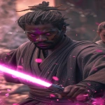 **[Character Sheet: Jedi Master Kaelen is a powerfully built African-American man with a Yasuke-inspired dreadlock top-knot and a stoic expression of grim determination. His robes are dark charcoal and weathered leather. His lightsaber hilt is polished dark wood and burnished metal. Padawan Lyra is a young girl with bright blonde hair, wide blue eyes, wearing simple tan training attire.] cinematic keyframe of Jedi Master Kaelen in a fluid, motion-blurred movement, pulling his unique lightsaber hilt from his belt. He ignites the brilliant amethyst blade in a sharphiss**, casting a vibrant purple glow on his determined face and the surrounding crumbling ruins of the ancient Jedi temple. He holds a low, defensive guard stance, shielding Padawan Lyra who watches from behind him with a mixture of terror and awe. The unstable crimson energy around Lyra flickers and recoils from the lightsaber's pure light. lighting: dramatic sunset casting long shadows, intense volumetric light cutting through atmospheric haze. style: dark, moody, gritty, hyper-detailed, high-contrast, inspired by Studio MAPPA and Takeshi Koike. --ar 9:16 --v 6.0 --s 250** - Image #3 <@692146423638261810>