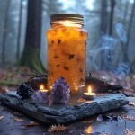 **A glowing amber 2 oz salve jar on a stone altar surrounded by burning sage, cedar branches, and protective Celtic knot carvings. Black tourmaline crystals encircle the jar, with smoke rising into a misty autumn forest. The atmosphere is mystical, protective, and ancient, with the thinning veil suggested by a faint, ghostly shimmer between trees. Hyper-detailed, warm candle glow, no text. --v 6.0 --s 750** - Image #3 <@1090630909448949831>