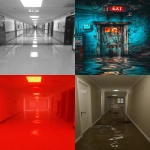 **a surreal endless fluorescent corridor that folds in on itself, office hallways merging into hotel lobbies, flooded with mirror-smooth reflective water, glowing EXIT signs floating midair, impossible staircases looping upside down, fog-filled empty rooms visible through open doors, vending machines emitting static light, faint reflections of unseen people on glossy walls, eerie symmetry, dreamlike volumetric haze, reality bending and collapsing, cinematic lighting, ultrarealistic textures, analog horror vibe, uncanny calm atmosphere, hyper-detailed architecture, Escher-like geometry, reflections behaving wrong, photo-real, long exposure glow, 35mm lens, --ar 9:16 --chaos 60 --v 6.0 --raw** - <@692146423638261810> (relaxed)