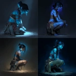**a blue-skinned female pirate with black hair with blue strikes, wearing spider tattoos and an empty fabric skirt, kneeling on the ground holding her knees, dark fantasy, concept art, digital painting, full body, dark background, blue glow around the head, blue skin color.** - <@450898678975168513> (fast)