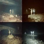 **A realistic, yet grainy, and degraded ghost photograph. This low-light color photograph was taken outdoors at night, likely under a bridge in Hadano, Kanagawa Prefecture. Two young women are seen in the center of the frame. They are standing on a dark rock in the center of the frame, posing with their arms outstretched. The background is very dark, suggesting nighttime. A river can be seen behind them. In one corner of the frame, a small, translucent, ghostly hand appears, grasping a pale-colored rock. The main photograph, likely artificially lit by a camera flash, highlights the man in the dark environment. This darkness, combined with the focus on the man and other details, creates an eerie atmosphere.** - <@1036285603907633172> (relaxed)