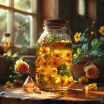 **A clear glass mason jar filled with golden herbal oil, floating rose petals, lemon balm leaves, and small yellow St. John’s Wort flowers, placed on a rustic wooden table. Sunlight streams across the jar, creating a glowing effect. Fresh roses and lemon balm scattered nearby, with a citrine crystal beside the jar. Hyper-realistic, natural lighting, warm and radiant atmosphere. --v 6.0 --s 750** - Image #2 <@1090630909448949831>
