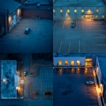 **a high shot over a gym parking lot, with one car parked in the parking lot, far side from gym entrance. Windows at gym entrance, early dawn blue hour dawn.** - <@719736185945063474> (fast)