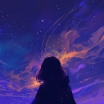 **a woman's head from behind in the dark looking up at the sky. The sky is beautiful and filled with stars and streaking details of color. --niji 6** - Image #4 <@656961830371196938>