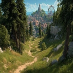 **a large artistic poster composition of open World environments blending seamlessly together lush green fields, stone paths, distant futuristic city skylines, and a giant ferris wheel in the background merge multiple landscapes with smooth transitions and layered depth, open spaces for characters and logo placement, high-detail grass, trees, rocks, and soft light shadows ultra realistic yet stylized gaming world aesthetic, cinematic lighting, vibrant color palette, immersive 3D render style, epic metaverse atmosphere, no text, no borders, 16:9 ratio --v 7.0 --ar 16:9 --q 4 --chaos 25 --s 750 --raw** - Image #4 <@872190420770250814>