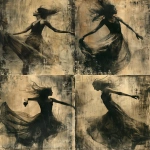 **beautiful blonde Celtic priestess DANCES joyfully as a spirit, ghostly, with a wreath of herbs on her head:: dances in a transparent dress , cheerfull, medieval spring festival, divine light:: monochrome, burnt sienna, damaged Anthotype print, scratched, dynamic movement --ar 3:4 --v 6.0 --s 250** - Variations (Strong) by <@1089203343378878556> (fast)