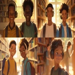 **a medium shot of two realistic illustrated happy 8-year-old students from America, they have a well-defined noses and well-defined jawlines, the first student is an African American male with light brown eyes and very short black hair, the second student is a dark African American male with light brown eyes and curly black hair, they stand with their head and neck and shoulders completely square to the camera and facing forward, their entire body is facing forward, they wear backpacks, they have large headphones on their head, they stand in a library, it is daytime, the sun is shining bright, high-definition, anime-style, --ar 16:9 --niji 6** - <@1065025086664474674> (relaxed)