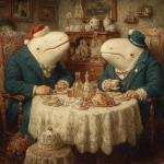 **Christmas dinner between vintage whales. Christmas hats and decorations, no humans --s 750** - Image #2 <@1278337234642276372>