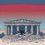 **A simplified political cartoon in 9:16 format showing a cracked Supreme Court building collapsing inward, the words ‘One Person, One Vote’ visibly fracturing across its base. Cartoon style, clean lines, minimal detail, flat colors, no blood or gore, symbolic rather than realistic. Empty background or soft gradient, muted red-white-blue palette. Emphasize symbolism and simplicity over realism. --ar 45:103** - Image #4 <@925081513199017995>