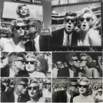 **a high resolution black and white photograph of JFK in 1961 wearing Ray Ban wayfarer sunglasses and caught on a "kiss cam" on a stadium Jumbotron with Marilyn Monroe, also in Ray ban wayfarer sunglasses; both have a look as if they are surprised they just got caught** - <@728020337156948019> (fast)