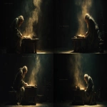 **A cinematic medium-wide shot of a solitary elderly biblical man sitting hunched over a rustic wooden desk in the center of a large, pitch-black room. He is intently reading an ancient, unraveling scroll that emits a soft, supernatural golden glow. The camera is distanced, showing the emptiness and darkness of the surrounding space, emphasizing his isolation. Strong chiaroscuro lighting: the figure is swallowed by deep shadows, with light only on the scroll, his hands, and his face. Dust particles dancing in the air. Texture of a heavy oil painting with visible brushstrokes, craquelure, and grunge details. The atmosphere is silent, solemn, and mysterious. Reminiscent of Rembrandt's "Philosopher in Meditation". 8k resolution, masterpiece. --ar 16:9** - Variations (Strong) by <@1401990355016089761> (fast)