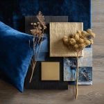 **materials board for modern art deco interior design with sapphire blue velvet, black wood, gold metal, tile, silk, wall paint, dried plant** - Image #4 <@961789810715009054>
