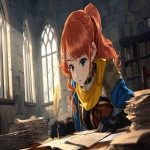**A young female knight with long wavy red-orange hair in a side ponytail, bright blue eyes, wearing brown leather armor corset with blue and yellow cape, black fingerless gloves, deeply focused on documents on desk, looking down at paperwork, head tilted down reading papers, eyes gazing at documents below, holding quill pen, detailed fantasy medieval office interior with bookshelves and stone walls, arched windows with soft natural lighting, piles of paperwork and scrolls on wooden desk, peaceful fantasy atmosphere, anime fantasy art style, serious and attentive expression looking at papers --oref <https://s.mj.run/nGr2pVqEDGE> --ow 700 --v 7.0 --ar 11:6** - Image #4 <@251307332816994305>