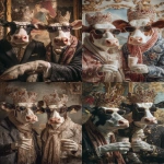 **Ultra HD profile photo of two cows wearing giorgio armani suits and winter scarves, wearing crowns with lots of gems on the crown, wearing sunglasses. the two cows are at a party and are holding their arm out with drinks in their hands doing a cheers motion to celebrate. background is decorated with a royal theme. taken with a cannon eos, hyperrealistic, natural lighting --ar 2:3 --raw** - <@1103975769467789322> (relaxed)