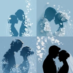**elegant bride and groom silhouette. Romantic, on light blue background, white flowers, veil, realistic, warm highlights, strong realism, loving** - <@1015760515127050260> (fast)
