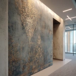 **A photo of an intricate, hand-painted wallpaper with faded gold and silver designs on the wall in an office building. The texture is rough concrete with visible sanded edges. There's an LED light bar above it that casts a soft glow over its surface. A windowless corner wall is on one side. In the background, there's another wallpaper design that looks similar but less detailed. It has more colors and patterns. The room also features white square lighting fixtures on the walls, creating subtle shadows on the ceiling. --ar 32:23 --v 7.0** - Image #4 <@1313000520759377972>